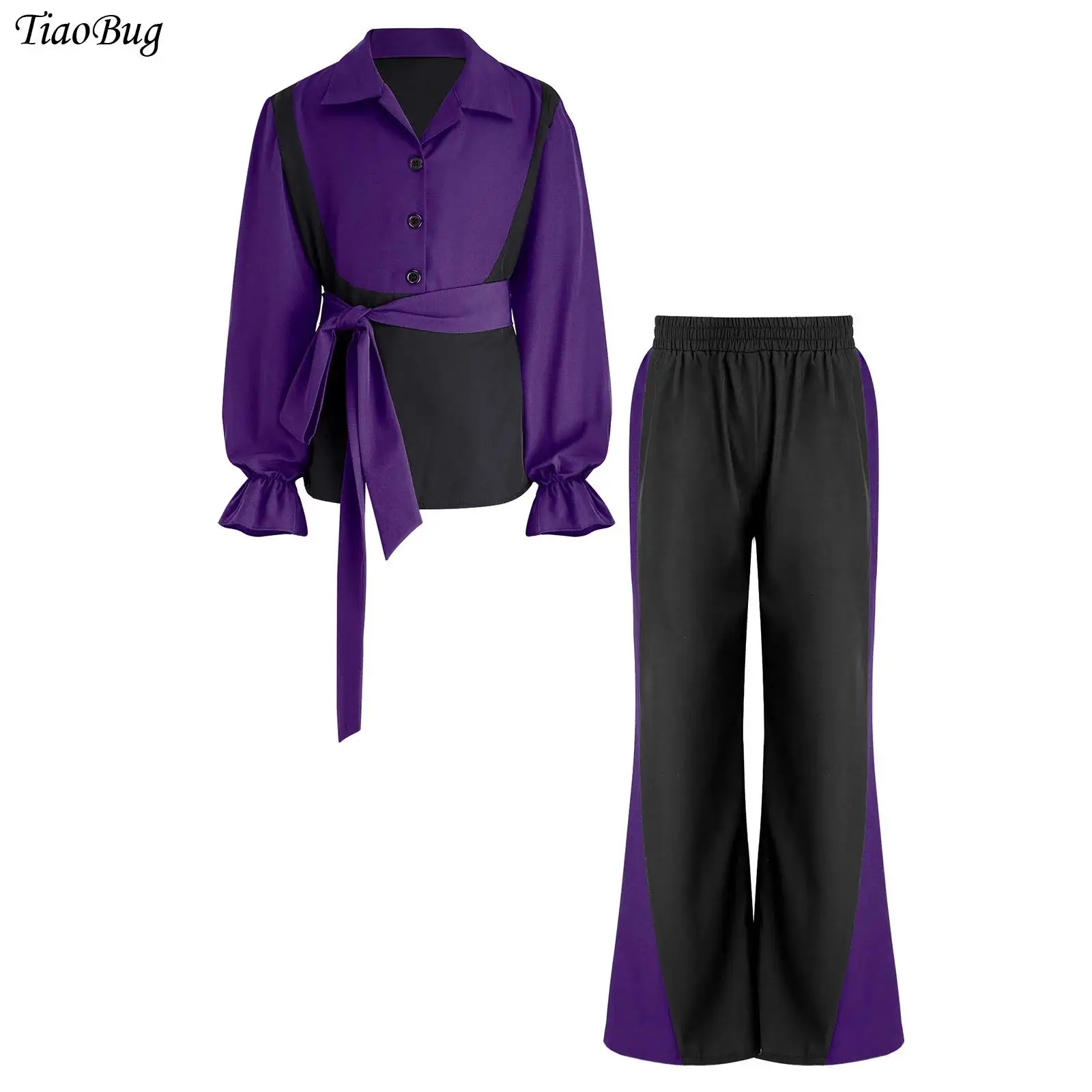 

Halloween Boys Cosplay Spanish Flamenco Dance Outfit Long Puff Sleeve Pullover Shirt with Pants Belt Color Block Samba Dancewear