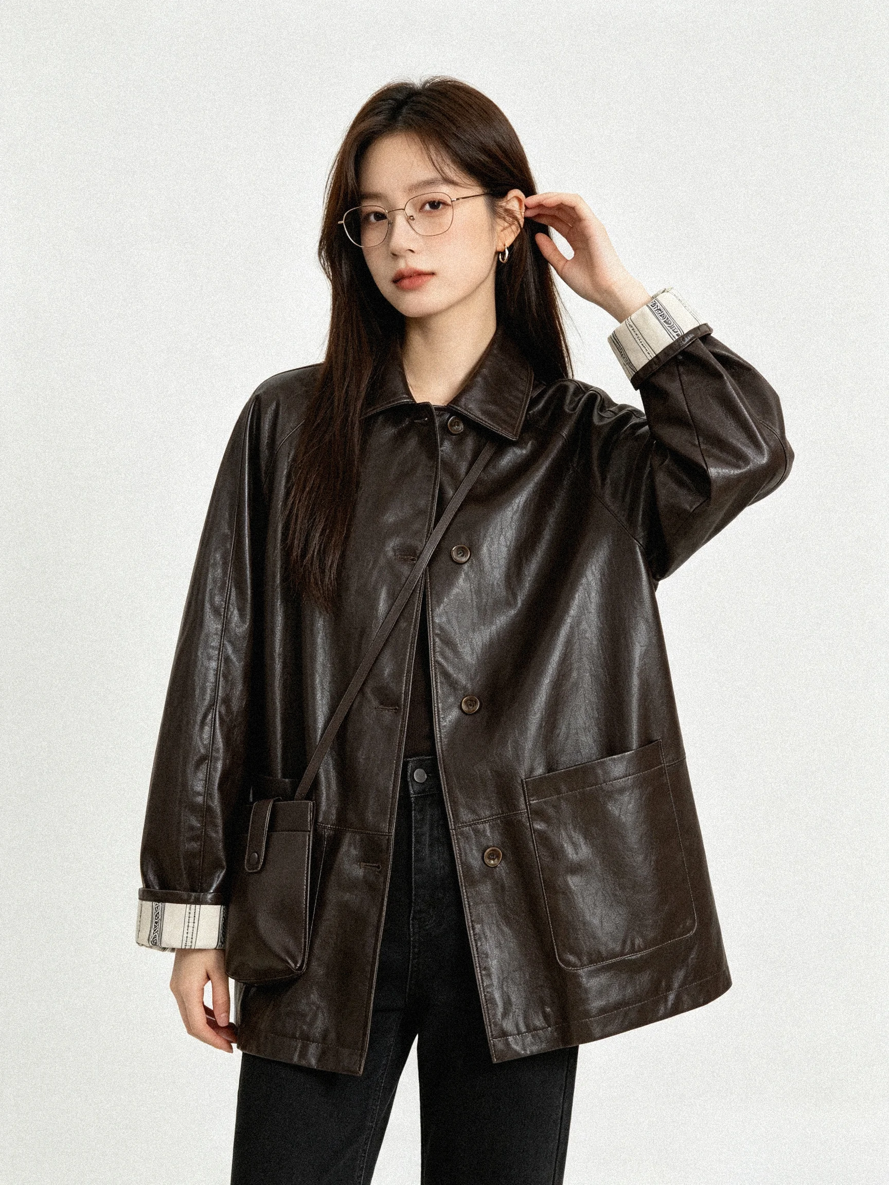 Casual Style Color Block Leather Jacket Loose Fit Collar Overcoat for Women Autumn Season Fashionable Versatile Long Coat
