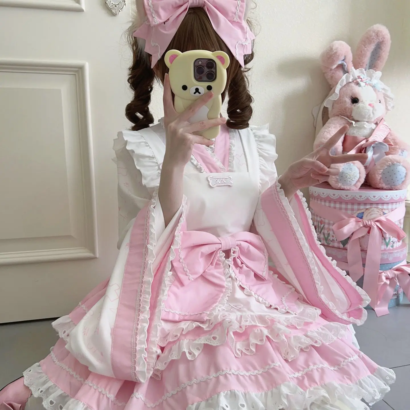 Coalfell Cute Rabbit Girl Original Design Lolita Dress Cute Miss Kimono Maid Dress Pong Skirt Spring/Summer