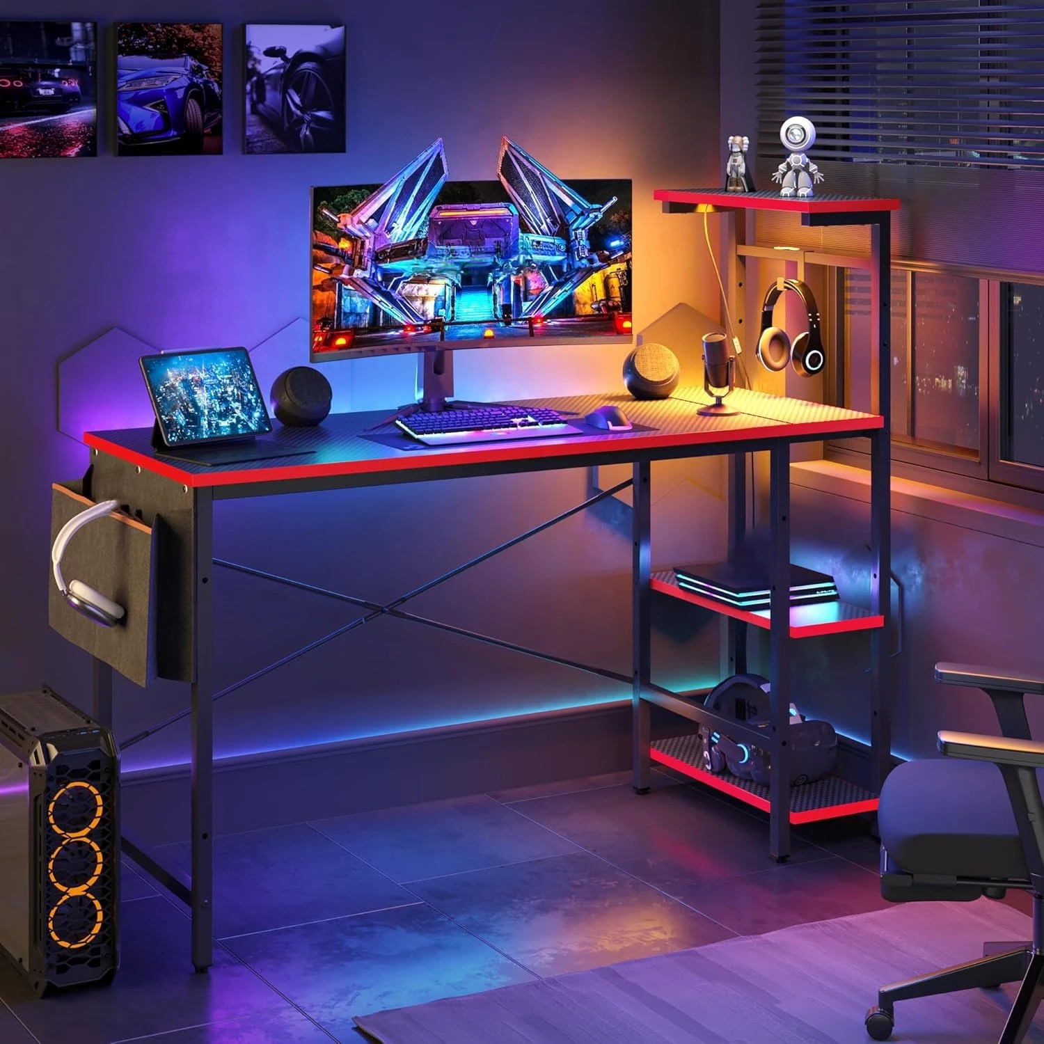 

Игровой стол с LED-подсветкой, компьютерный стол 51,3 дюйма с 4-уровневыми перекидными полками, геймерский стол с боковым хранилищем, настраиваемый под заказ