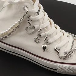 Sweet Cool Stainless Steel Shoe Decorations Hollow Star Love Pendant Pearl Double Layer Bling Rhinestone Shoe Chain Shoes Charms