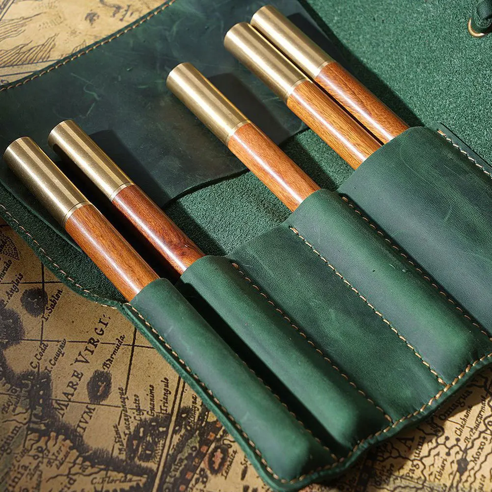레트로 빈티지 롤 올리브 그린 펜 파우치 수제 펜 케이스 홀더 만년필 볼펜