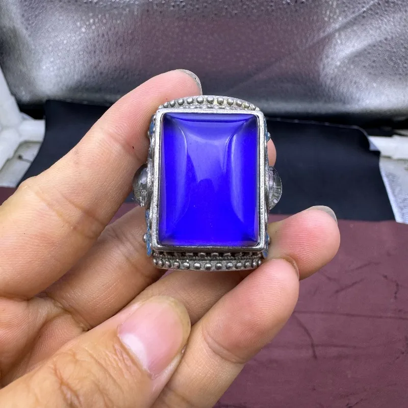 Tibetan Silver Tone Adjustable Men Ring, Inlaid Natural Mood Color Changing Stone Ethnic Retro Vintage Finger Jewelry