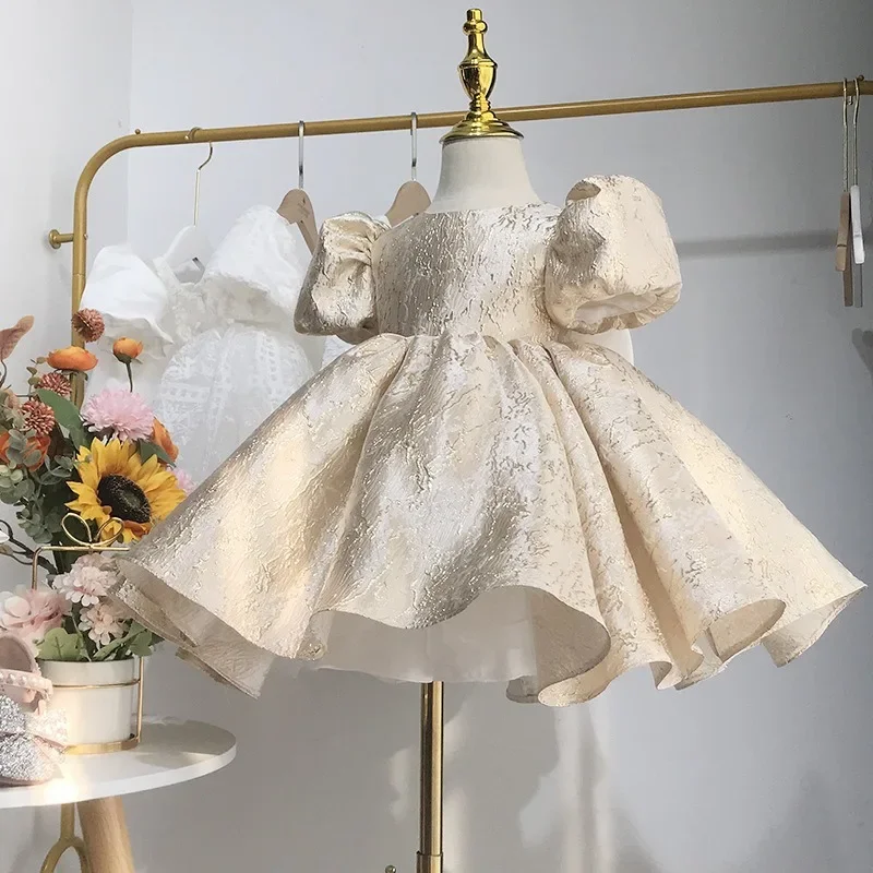 

Puff Sleeve Infant Toddler Teen Bow Vestido Gold Party Birthday Ball Gown Xmas Baby Clothes 0-8Y 2025 Baby Girl Princess Dress