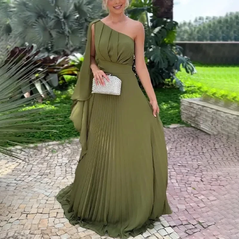 

Elegant Long Dress Women Summer New Slanted Shoulder, Exposed Shoulder, Pleated High Waist Dresses