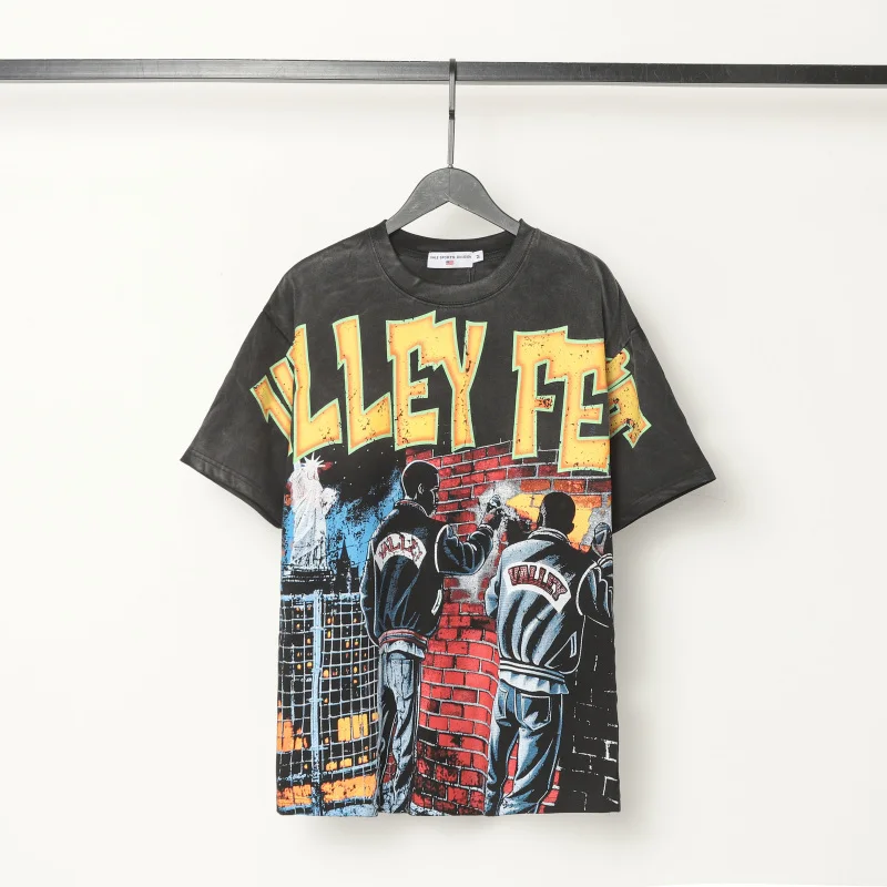 

Уличная футболка в стиле хип-хоп Valley с коротким рукавом и графическим принтом, повседневные футболки для мужчин и женщин, большие потертые топы, футболки