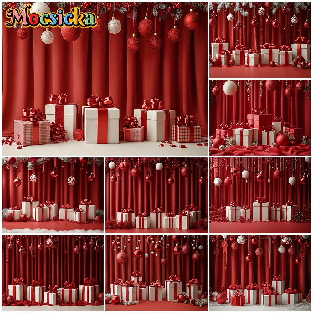 

Mocsicka New Year Party Backdrop Christmas Wallpaper Red Curtain Gifts Decorations Family Festival Photography Background Banner