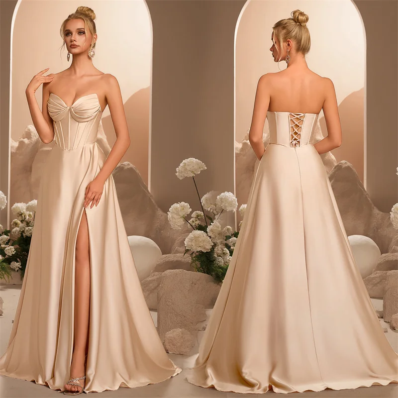 

Атласное вечернее платье А-силуэта с разрезом, вырезом «сердечко» и плиссировкой, для подружек невесты, свадеб, торжественных мероприятий, выпускных вечеров, дней рождения, длинное, с шлейфом.