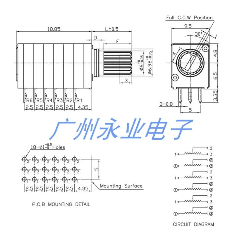 1PCS RK097 6 Link Potentiometer 18Pins B50K Volume Adjustable Precision Potentiometer B503 6-Channel Flower Shaft Length 15MM