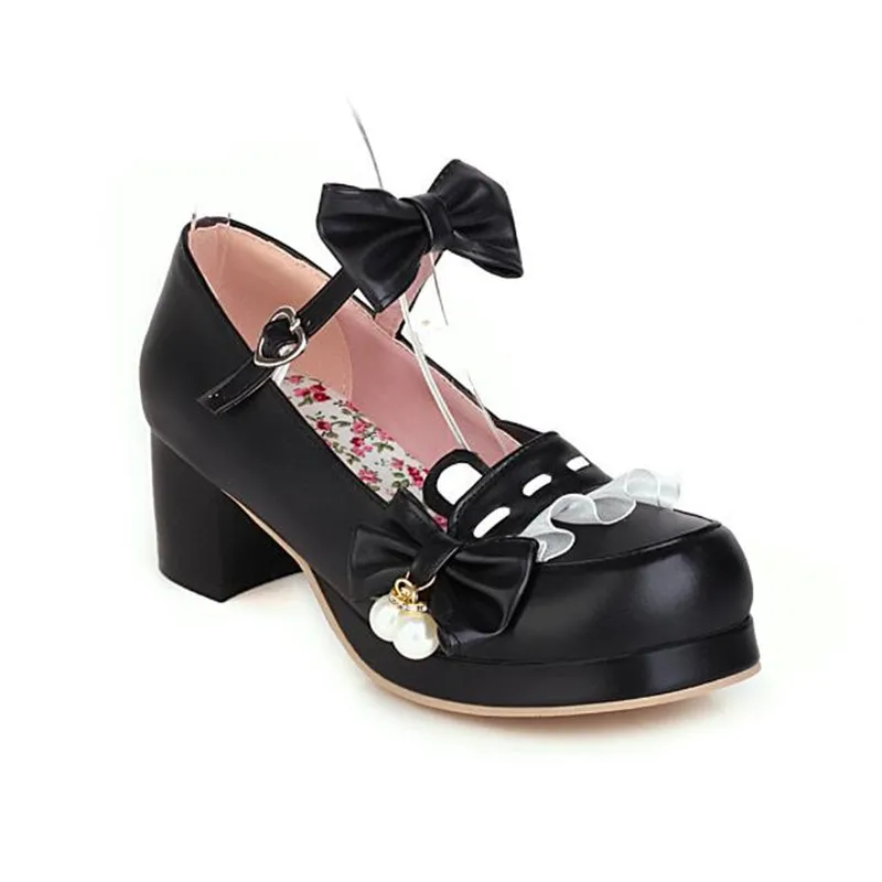 Plus Size 30-48 Lolita Mary Janes Girls Shoes Sweet Bowknot Women Thick High Heel Shoes Cosplay Party Dress Princess Shoes