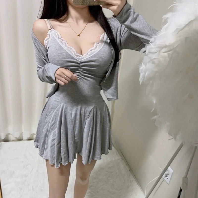 

Dongda Gate Sexy Lace Splice Strap Pleated Dr Long Sve Faion Set Cotton Blend Autumn Collection for Young Women