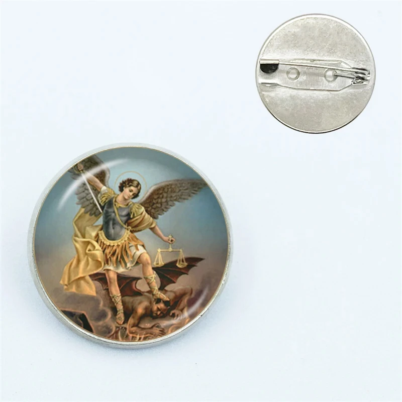 Christian Holy Glass Brooch Archangel St.Michael Protect Me Saint Shield Protection Metal Pins Badge Backpack Clothes Jewelry