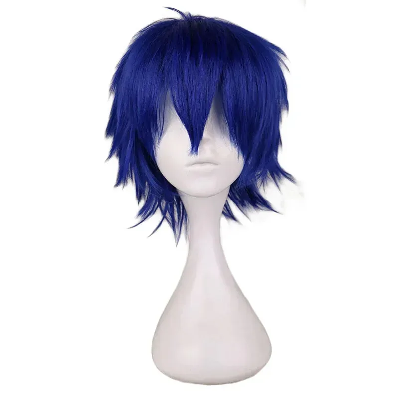 

QQXCAIW Men Short Costume Cosplay Wig Boys Dark Blue 30 Cm Heat Resistant Synthetic Hair Wigs