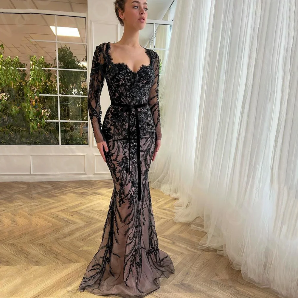 Vintage Mermaid Evening Dresses Lace Black Prom Party Gowns Long Sleeves Sweetheart Wedding Party Gowns 2024 Sequined Bow Belt