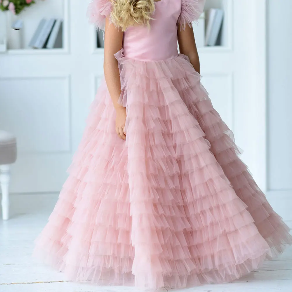 Mvozein-vestido de boda con capas de tul para niña, vestido de Organza con lazo de satén, con bandas, Mangas de casquillo, para comunión