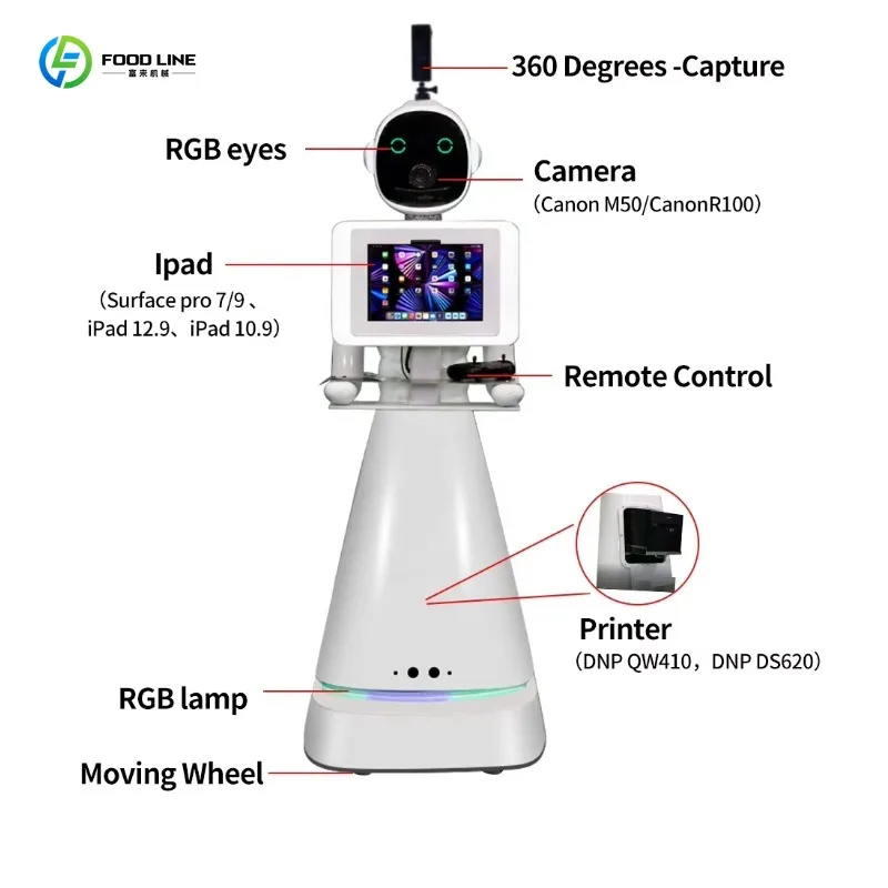 Customized Fashion Popular Robotic Kit Photo Robot Wireless Automatic Rotating Lights Selfie Roamer Photo Booth