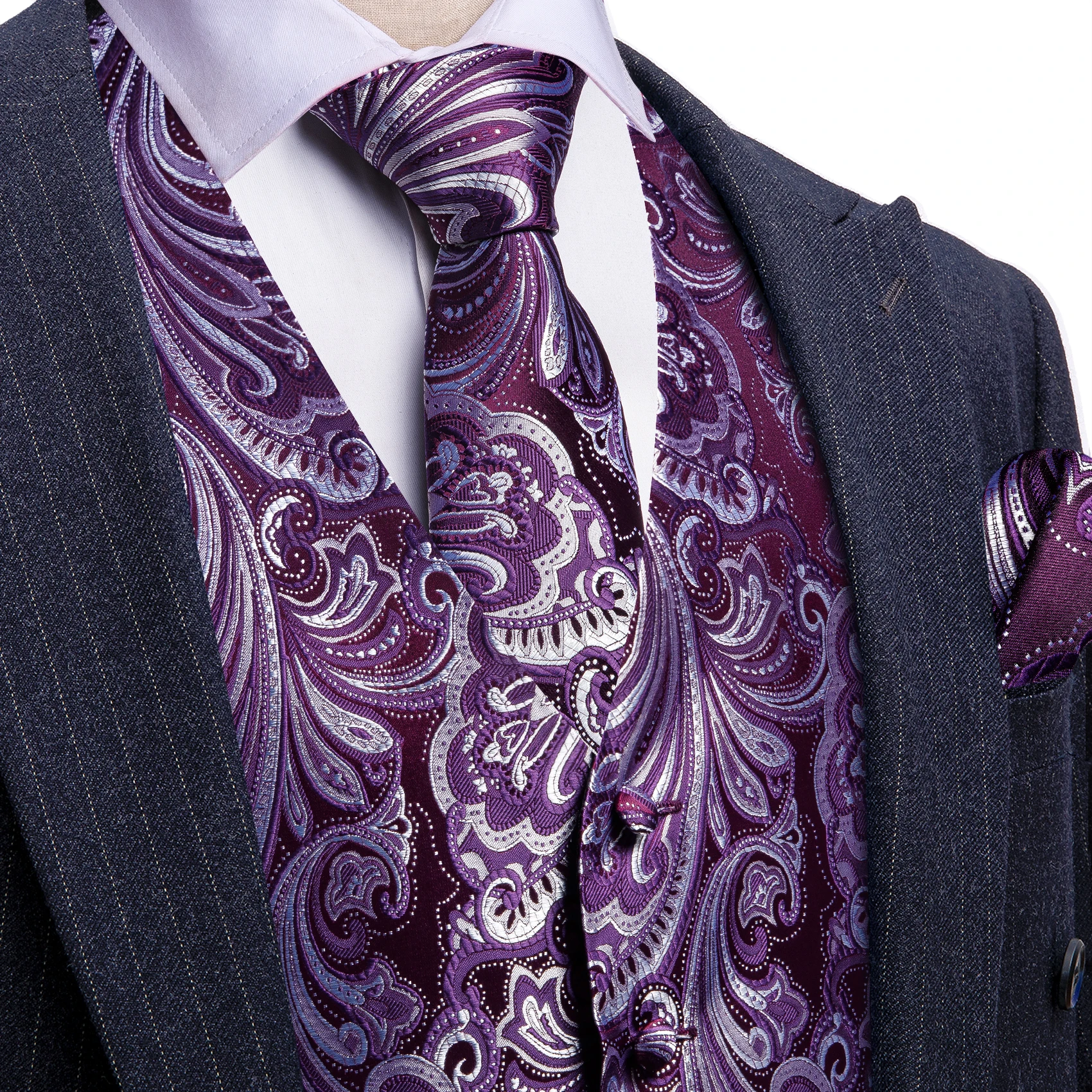 Black Glossy Floral Jacquard Men V Neck Suit Vest 4 Pieces Set Waistcoat Tie Pocket Square Cufflinks Wedding Banquet Formal Vest