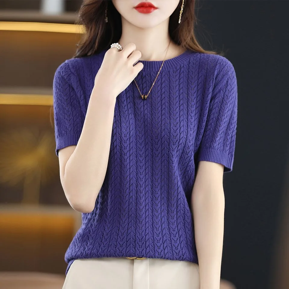 Women Sweater Korean Fashion Style Spring Summer Hollow Out Knitwear Casual Solid Color O Neck Female Knit Pullover