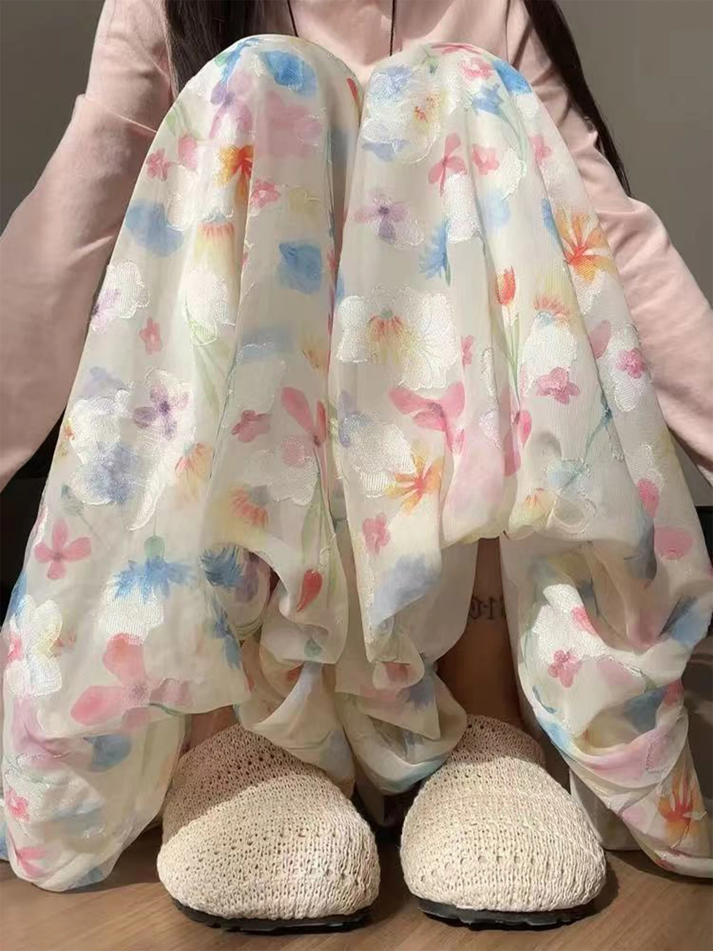 High Waist Lantern Pants Women's Spring Summer plus Size Floral Print Casual Wide Leg Pants Flattering Slimming Effect
