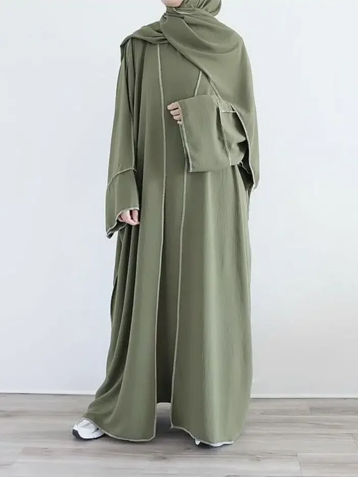 

3 Piece Mathing Set Muslim Women Abaya Kimono Sleeveless Inner Dress Hijab Suit Turkey Kaftan Dubai Arabic Robes Ramadan Caftan