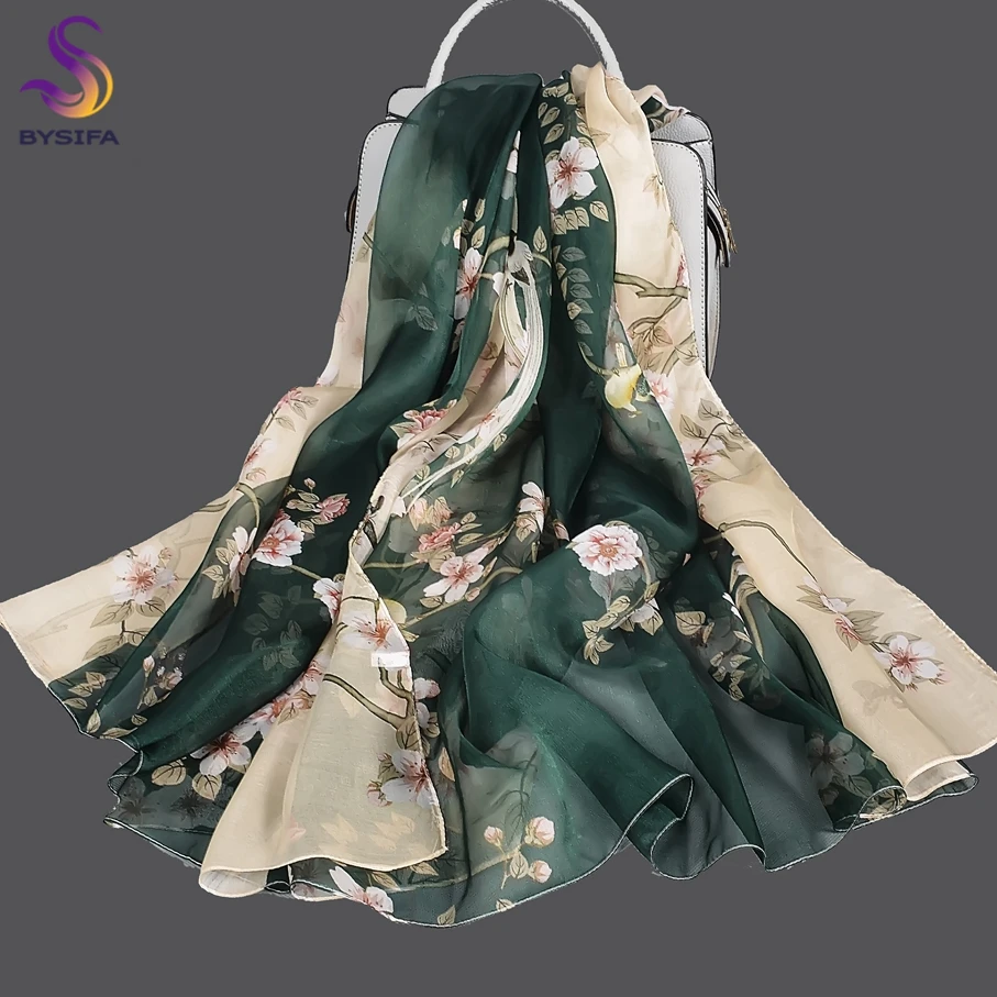 

[BYSIFA] Green Beige 100% Mulberry Silk Scarf Cape Summer Floral Design Chiffon Long Scarves Beach Shawl Ladies Scarves Echarpes