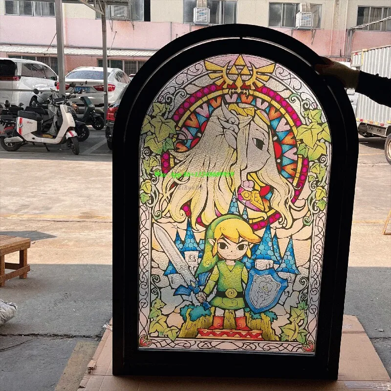 Customizable French Center Axis Rotating Window Colored Tiffany Art Glass Tempered Arched Glass Door Entrance Screen