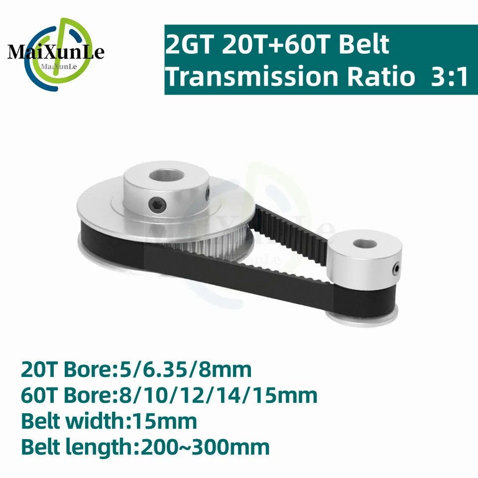 3D Printer Accessories 2GT Timing Belt Pulley GT2 20T+60T Reduction 3:1/1:3 Pulley Kit  Bore 5~15mm Belt Width 15mm