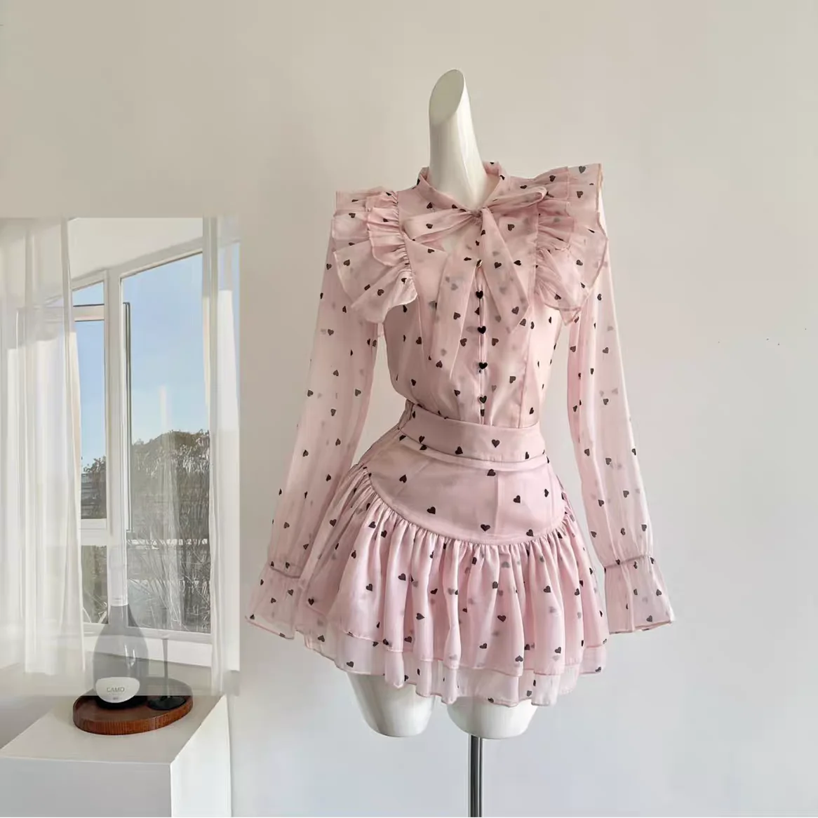 2025 Lente Dopamine Roze Set Strikje Polka Dot Blouse & Hoge Taille Rok Dames Zoete Tweedelige Outfit Romantische A-lijn Jurk