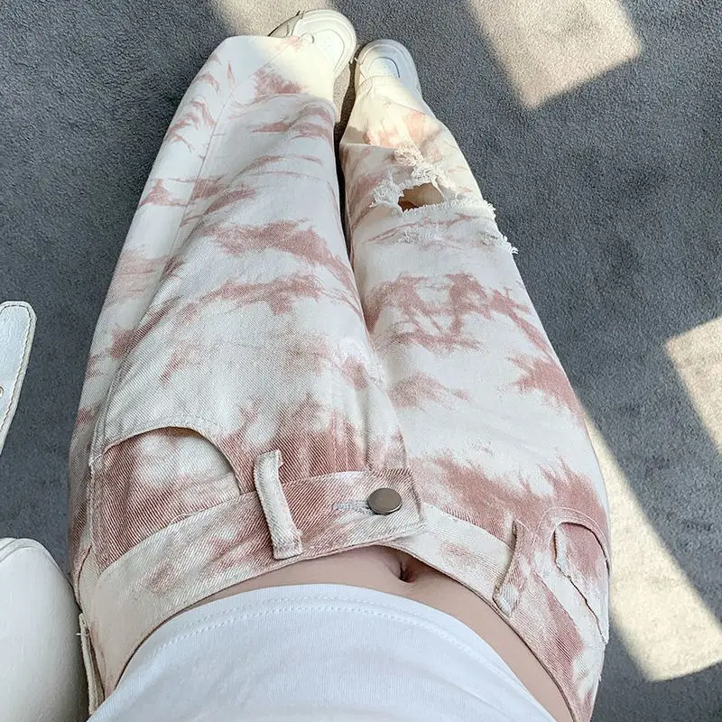 

Versatile Printed Vintage Wide-Leg Ripped Jeans for Women High-Waisted Straight-Leg Tie-Dye American Casual Fashion Trendy Style