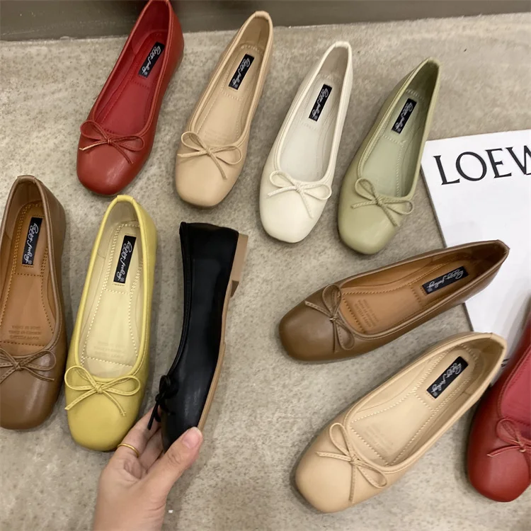 Women Cute Ballerina Flats Lady Slipony Butterfly Knot Vintage Kawaii Mocasines Loafers Girl Soft Yellow Green Lolita Mom Shoes