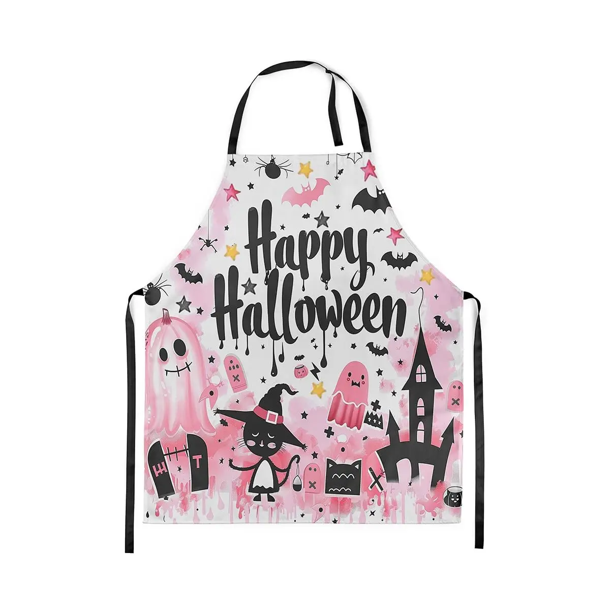 

Happy Halloween Kitchen Apron Cute Cat Witch Pink Ghost Waterproof Apron for Adults Cartoon Castle Bat Stars Graffiti Apron