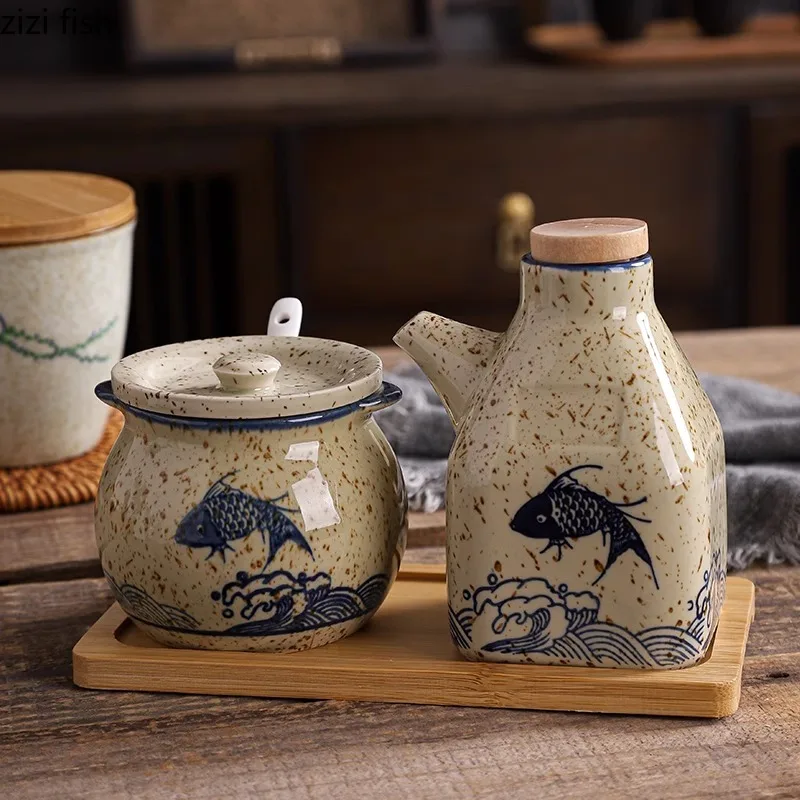 Retro Ceramic Seasoning Jar Salt Jar Spice Jar with Lid Spoon Soy Sauce Pot Vinegar Bottle Oil Pot Kitchen Seasoning Tool