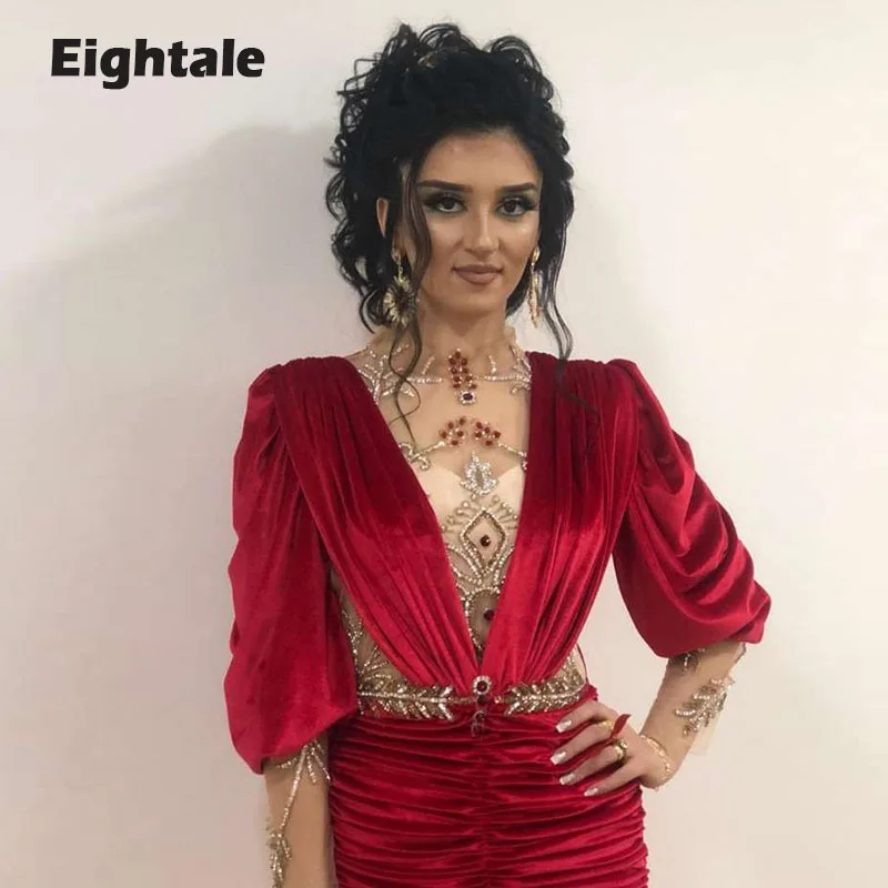 Eightale Velvet Evening Dresses Dubai High Neck Beaded Long Sleeves Kaftan Red Pleats Arabic Prom Gown Mermaid Party Dress 2022