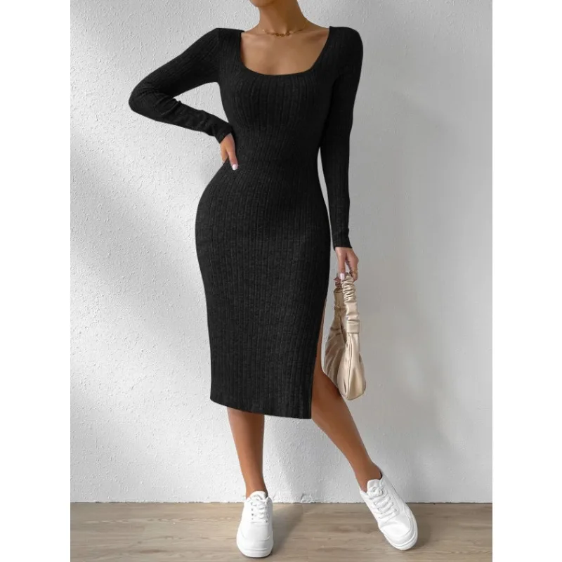 

Female Casual Clothing Women's Elegant Square Neck Bottom Split Dress Autumn/Winter New Fashion Long Sleeve Dresses for Women