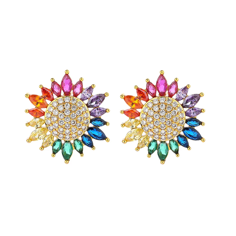 Poulisa Zirconia Sunflower Earring Colorful Zircon Fashion Elegant Copper Stud Earrings For Women Luxury Party Birthday Gift