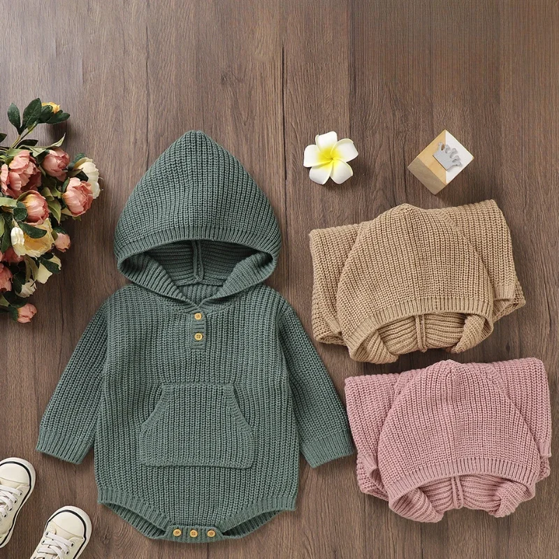 Spring Autumn Winter Toddler Wear Newborn Baby Bodysuits for Infant Kids Boys Girls Solid Hooded Full Sleeves Knitting Jumpsuits