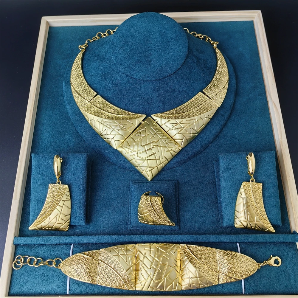 

Luxury African Bridal Wedding Party Gifts Italian 18K Gold Plated Jewelry Set for Women Necklace Drop Earrings Bracelet Ring