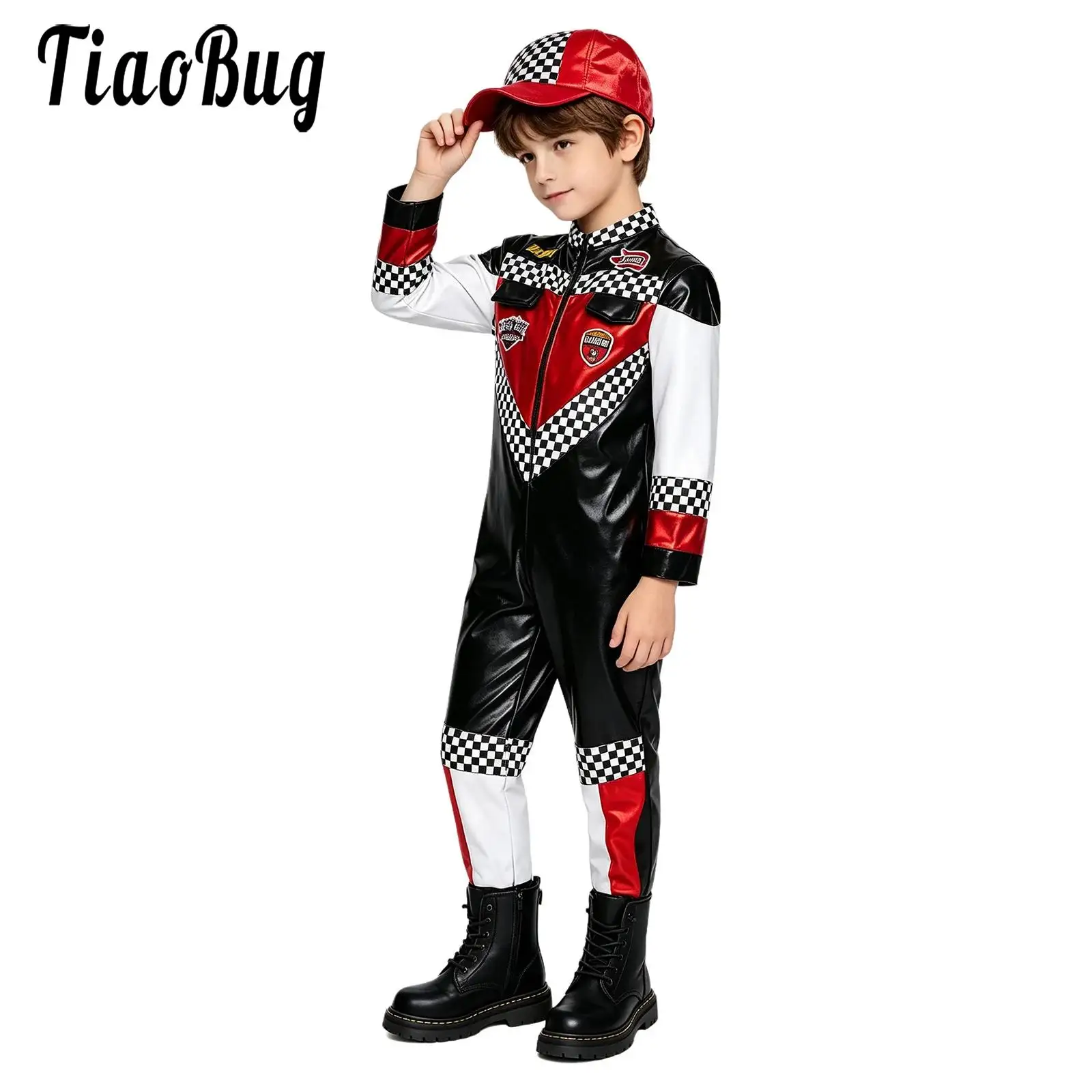 Traje de Carreras de Halloween para Niños, Disfraz de Piloto de Carreras, Mono de Manga Larga con Cierre Frontal, Diseño a Cuadros y Bloques de Color, con Gorra