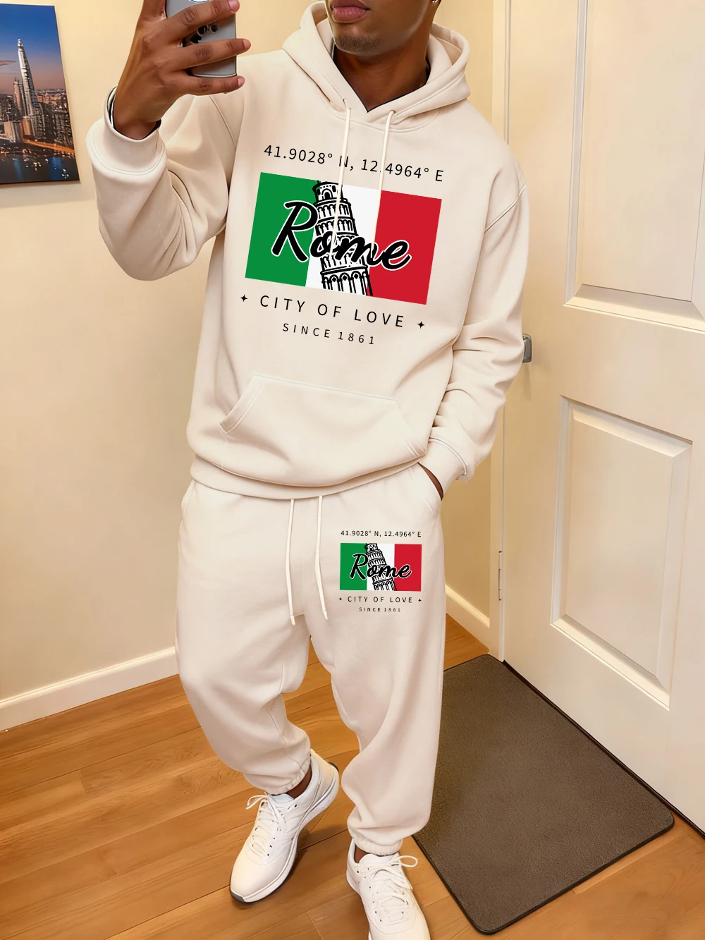 2 قطعة هوديس مجموعة الرجال روما مدينة الحب الطباعة Sweatpants الخريف جيب فضفاض البلوز سراويل للجري ملابس الصوف غير رسمية