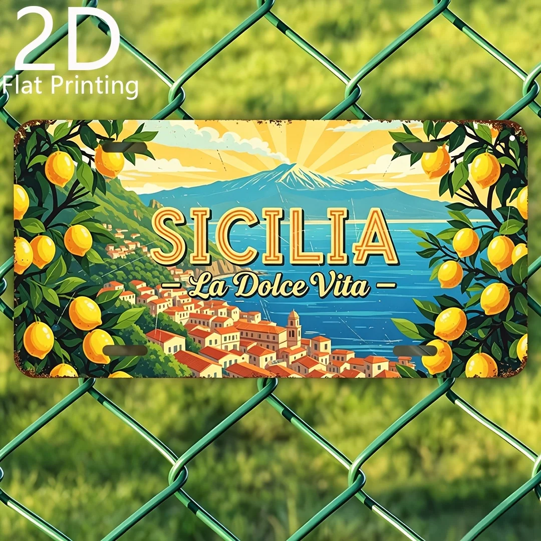 2D Flat, 1pc Sicily Italy Vintage Metal Wall Art Sign - Sicilia La Vita Italian Text & Lemon/Sun of Sicily Emblem, 15.24Cm X