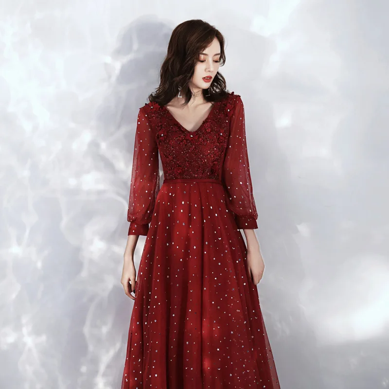 New Long Formal V-Neck Beading Evening Dresses DongCMY Burgundy Bandage Plus Size Sequin Elegant Mother of Dresses