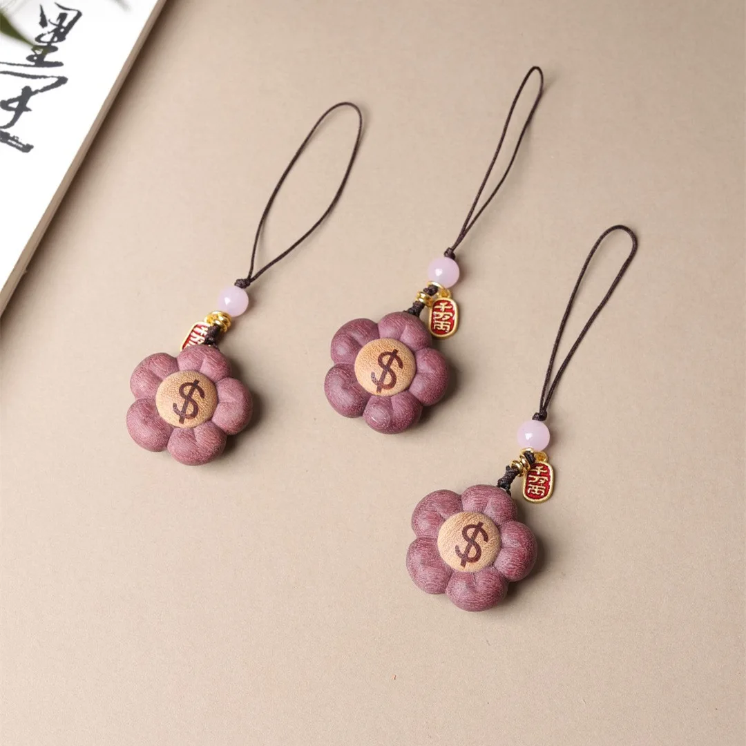 Chinese Style Lucky Wealth Attracting Rosewood Flower Pendant Double Sided Cute Phone Lanyard Keychain U Disk Hanging Ornament