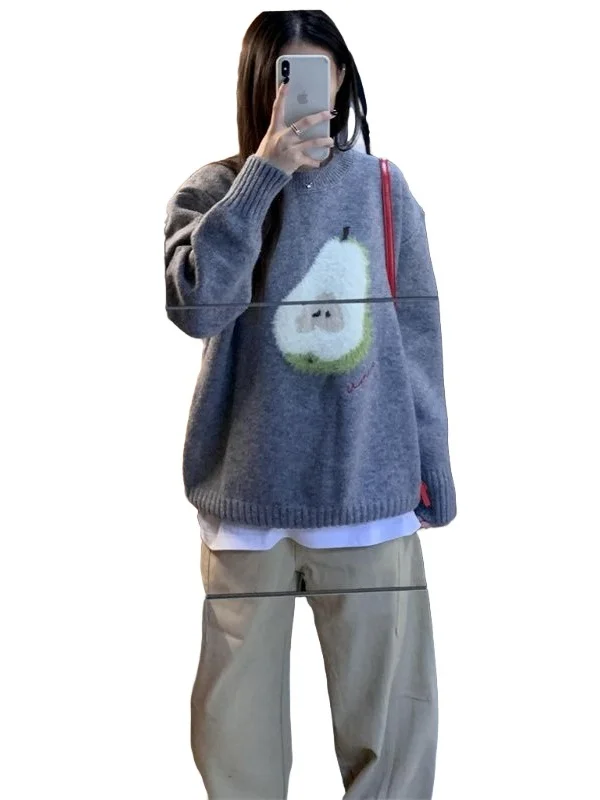 Koreanische Sle Weiche College Süße Sle runde Ne Cartoon Stickerei frauen Gestrickte Pullover Winter Faul Sle Warme Strickwaren