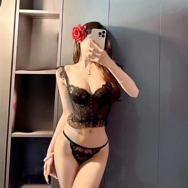Heißes französisches Spitzen-Dessous-Set, sexy Seite, einfach zu öffnen, Korsett, ultradünn, ausgehöhltes BH-Set für Frauen, Pure Desire Bustier MOYISU Tushy