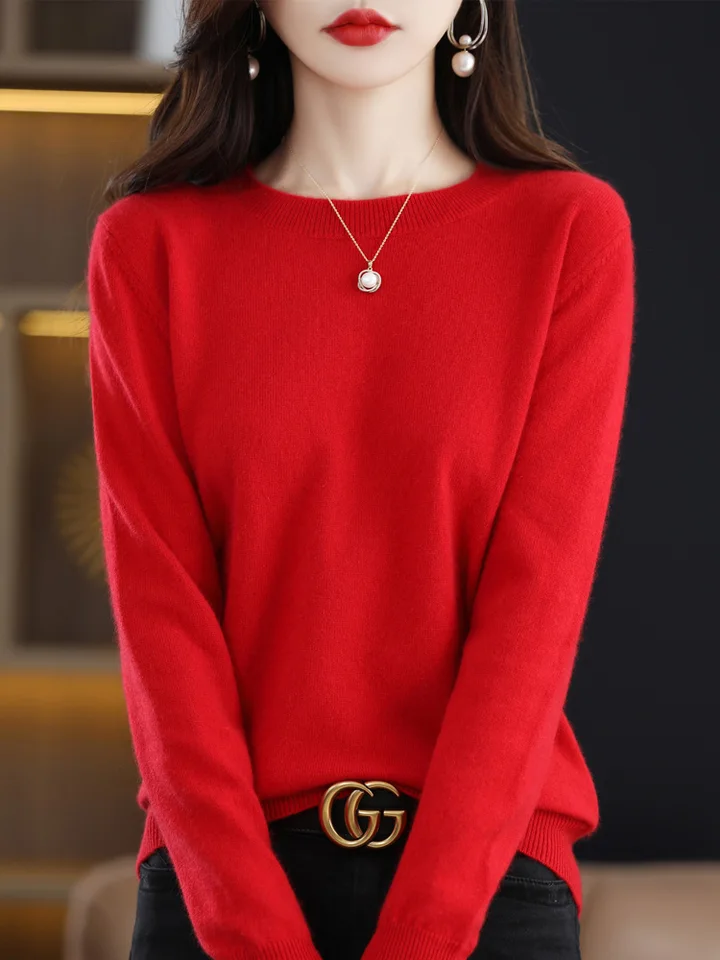Fashion 100% Merino Wool Sweater Elegant Cashmere Pullover Women O-Neck Long Sleeve Knitwear Basic Clothing  Jumper Tops, image 13