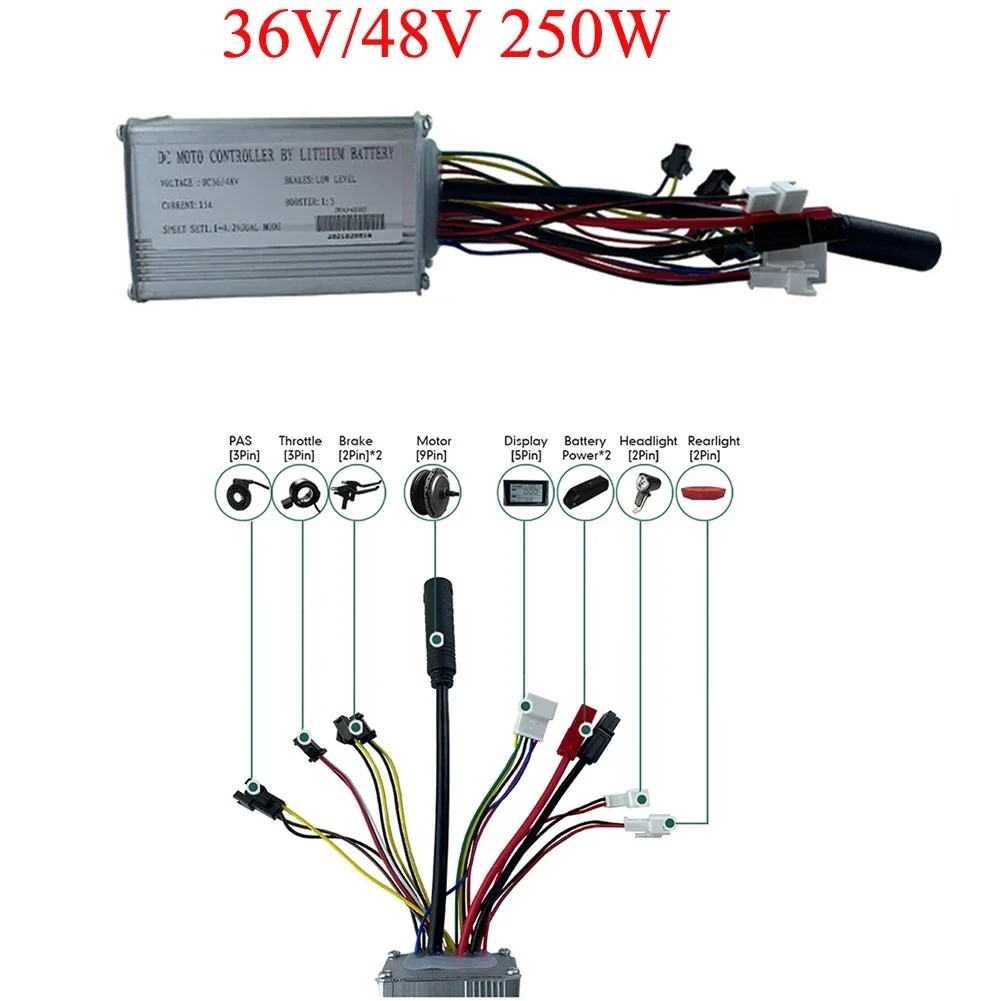 JN 36V 48V 6-FET 15A 250W Controller Ebike Controller for Electric Bicycle Replacements 15A SM Plug Double Light Wire Controller