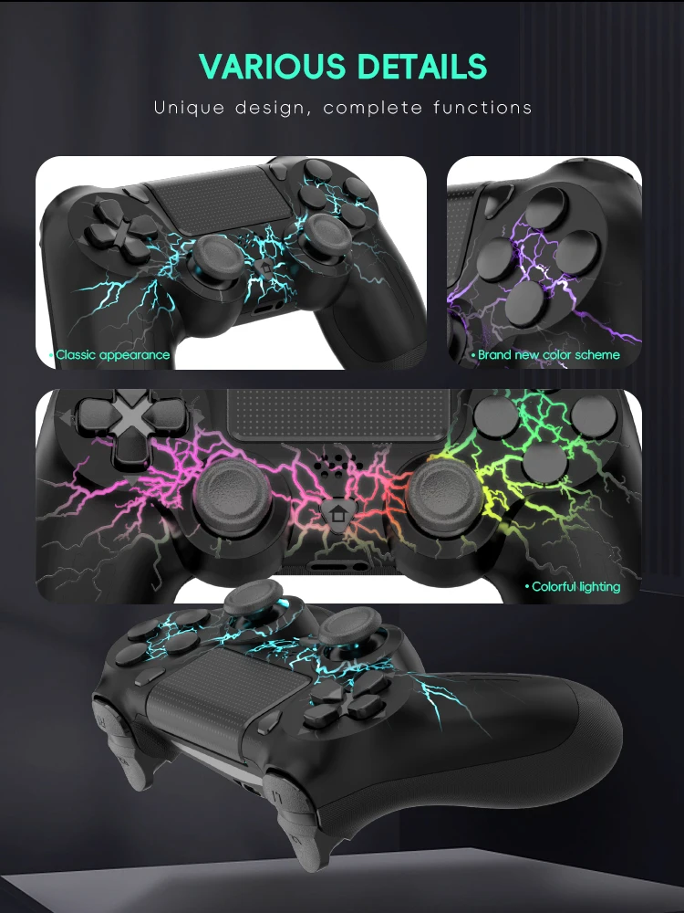 وحدة تحكم DATA FROG P02 لجهاز PS4 Thunder LED Color Gamepad وحدة تحكم متوافقة مع البلوتوث لعصا التحكم للكمبيوتر الشخصي للبلاي ستيشن 4