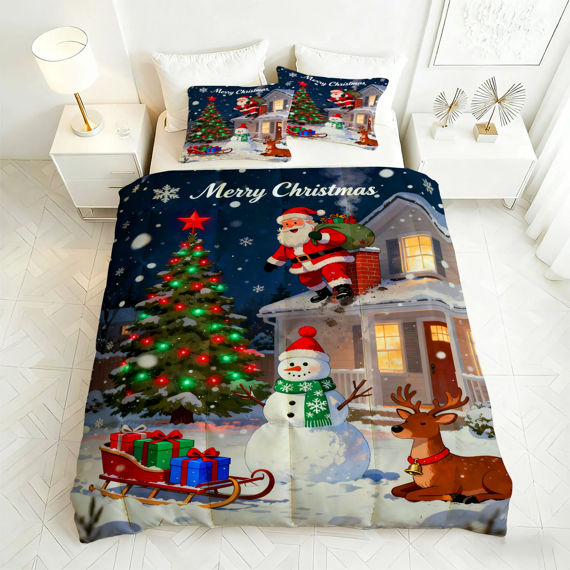 

Рождественский комплект постельного белья Санта-Клауса-1 одеяло + 2 наволочки мягкие дышащие для домашнего декора (Рождество 14)