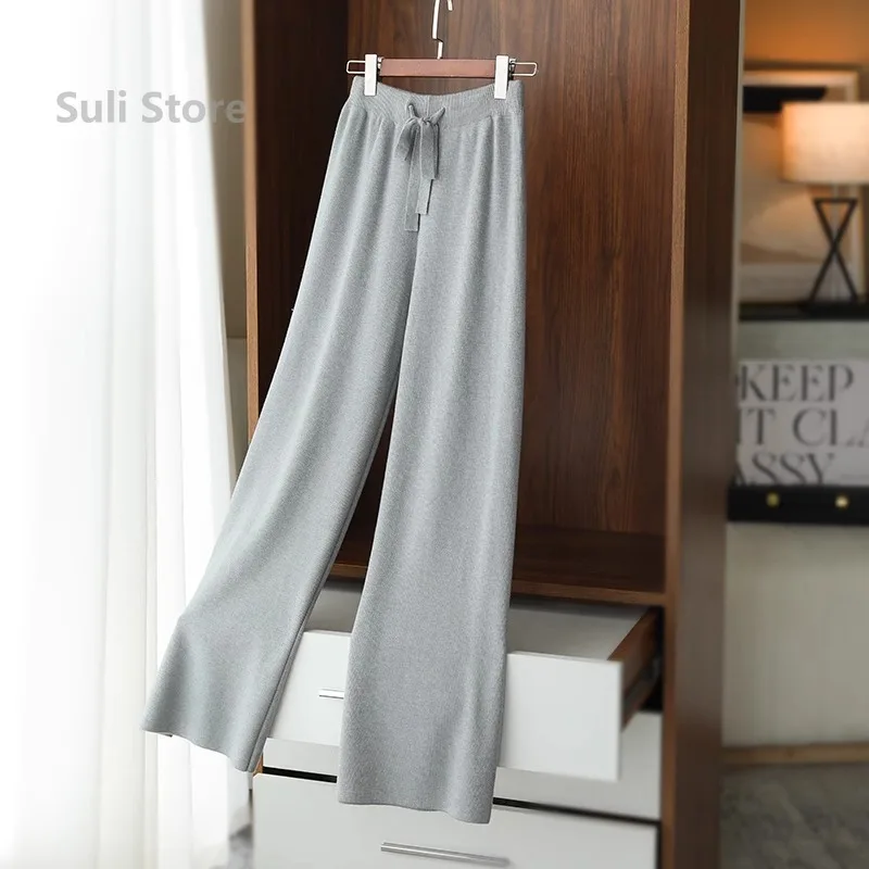 

High Waist Wide Leg Women's Autumn and Winter Lengthened Straight-Leg Draping Effect Knitted Mop Pants Casual Pants