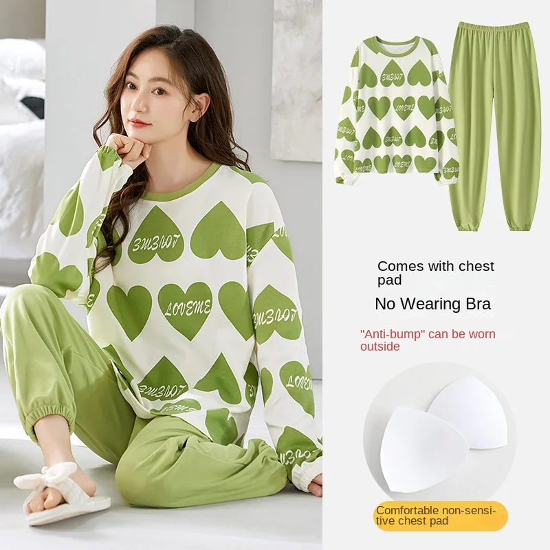 

100% Cotton Women Pajamas Set with Chest Pad Spring and Autumn Loose Long Sleeve Trousers Pants Suit Leisure Soft Pajamas Pyjama